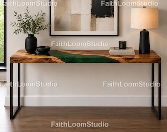 Green River Epoxy Console Table Green Epoxy River Console Table Green River  Modern Green Resin Console Table, Natural Live Wood River Table