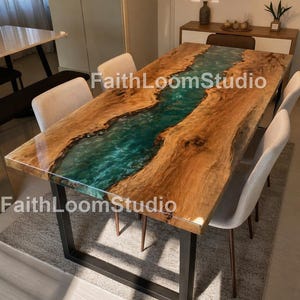 May include: A rectangular wooden dining table with a teal epoxy river design. The table has a black metal base and is surrounded by four gray upholstered chairs. The text "FaithLoomStudio" is visible on the table.