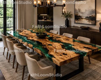 Emerald River Epoxy Dining Table – Live Edge Wood Table, Luxury Resin Dining Table, Green Crystal River Dining Table – Live Edge Epoxy Table