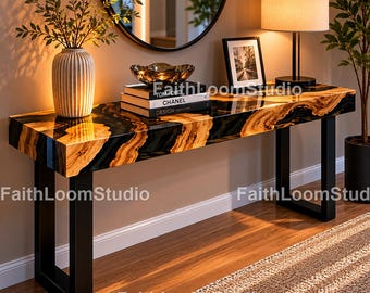 Black Resin River Console Table, Live Edge Wood  Table, Luxury Black Epoxy River Table, Wood Resin Modern Epoxy River Console Table,