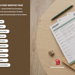 May include: A monthly habit tracker with the text "What's on Every Monthly Page" and a list of habits. A pen, a small rock, and a PDF icon are also visible. The word "January" is visible on the tracker.