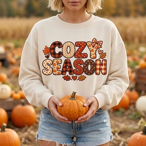 Può includere: Una felpa girocollo color crema con la scritta "COZY SEASON" in un carattere a motivi vari. Le lettere incorporano disegni come il tartan rosso e nero, pois arancioni e texture a maglia, impreziosite da piccole zucche e foglie autunnali.