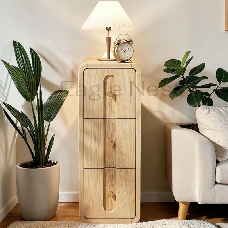 Narrow Nightstand with 3 Drawers, Small Bedside Table for Small Spaces | Mid Century Modern Slim Side Table with Storage for Bedroom