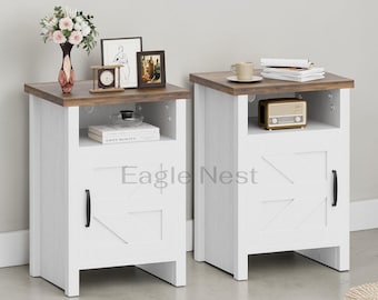 Nightstand Set of 2, Bedside Table with Barn Door and Shelf  Modern End Table Side Table for Bedroom and Living Room