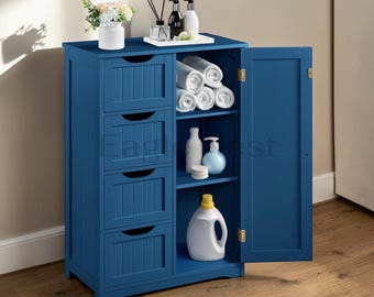 Wooden Bathroom Floor Cabinet, Freestanding Storage Organizer with 4 Drawers and Cupboard, Entryway Storage Unit, Bathroom Furniture Decor
