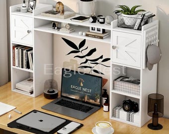 Desktop Bookshelf with Drawer, Desk Hutch Organizer, Adjustable Shelf with Pegboard for Home Office