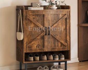 Farmhouse Shoe Storage Cabinet with Doors, Wooden Shoe Rack Organizer with Adjustable Shelves and Side Hooks, Entryway Hallway Foyer Storage