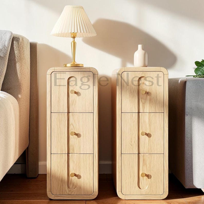 Narrow Nightstand with 3 Drawers, Small Bedside Table for Small Spaces | Mid Century Modern Slim Side Table with Storage for Bedroom