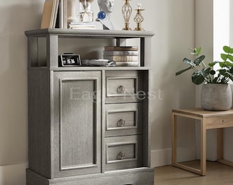 Storage Cabinet with Sliding Barn Door and Drawers, Farmhouse Floor Cabinet with Adjustable Shelves | Small Kitchen Pantry Cabinet, Grey