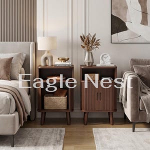 May include: Two dark wood nightstands with four tapered legs. The left nightstand has an open shelf with a woven basket and a lamp on top. The right nightstand features a cabinet with two vertical slatted doors, a vase with dried plants, and a clock.