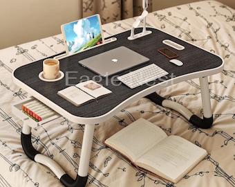 Foldable Laptop Stand with USB Port, Portable Lap Desk for Bed Couch Desk, Laptop Table with Cup Holder Tablet Slot Drawer for Home Office