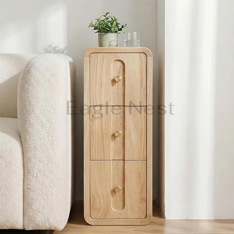 Narrow Nightstand with 3 Drawers, Small Bedside Table for Small Spaces | Mid Century Modern Slim Side Table with Storage for Bedroom