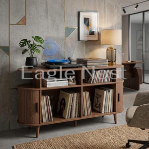 Record Cabinet with Charging Station and Vinyl Storage, Walnut Record Shelf with 3 Open Compartments, Turntable Stand and Album Organizer