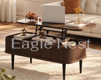 Lift Top Coffee Table with Hidden Storage, Fluted Mid Century Modern Coffee Table with Tambour Door, Rectangular Center Table with Flip Top