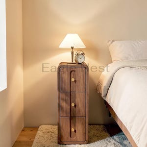 Narrow Nightstand with 3 Drawers, Small Bedside Table for Small Spaces | Mid Century Modern Slim Side Table with Storage for Bedroom