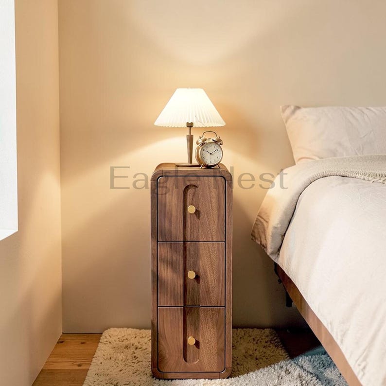 Narrow Nightstand with 3 Drawers, Small Bedside Table for Small Spaces | Mid Century Modern Slim Side Table with Storage for Bedroom
