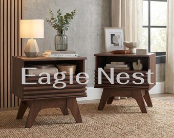 End Table Set of 2 with Fluted Drawer and Open Shelf, Mid Century Modern Side Table with Walnut Legs, Compact Bedside Table , Nightstand