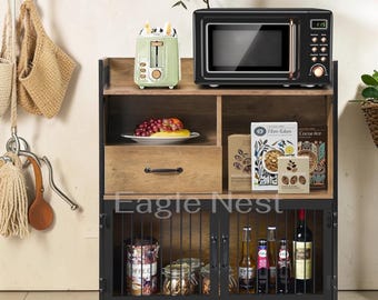 Buffet Cabinet with Storage, Kitchen Sideboard with Drawer, 2 Door Wood Cabinet, Metal Frame Industrial Cupboard, Utensil Organizer Shelves