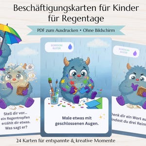 May include: Cards for children's activities on rainy days. The cards feature cartoon monsters with various activities, including painting and reading. The text on the cards includes prompts like "Imagine a raindrop..." and "Paint something with your eyes closed."