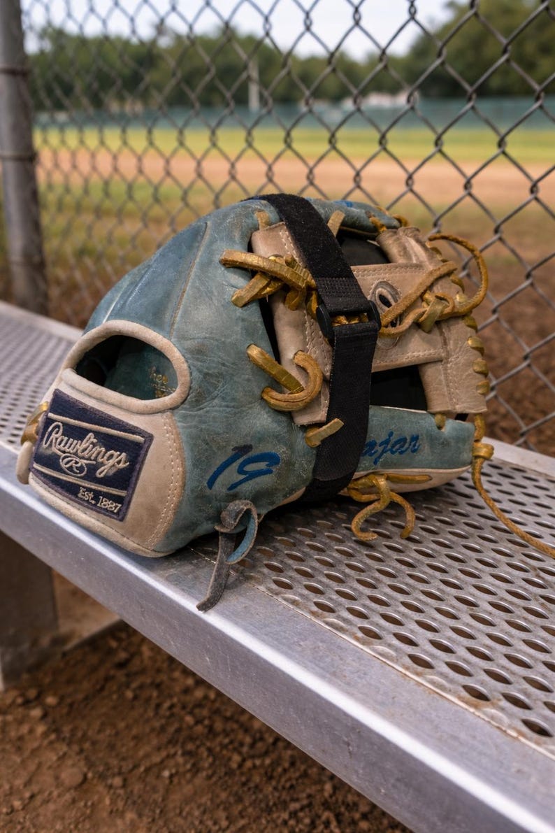 May include: A Rawlings baseball glove featuring a blue and tan leather exterior with tan lacing, a black adjustable strap across the top, and the number 19 written in blue ink on the side. The glove displays the Rawlings logo patch.