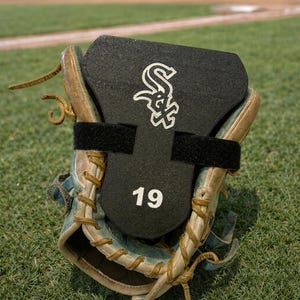 May include: A baseball glove with a black protective plate featuring the Chicago White Sox logo and the number 19 in white. The glove is tan and blue, resting on green grass.