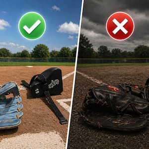 May include: A light blue baseball glove and a black training aid with the number 19 and a white logo on a dirt baseball field, contrasted with a black baseball glove and the same training aid on a dark, overcast baseball field.