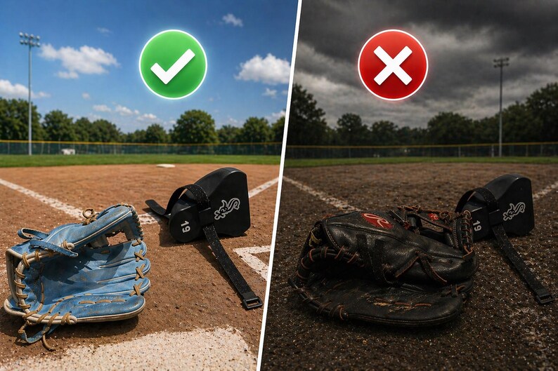 May include: A light blue baseball glove and a black training aid with the number 19 and a white logo on a dirt baseball field, contrasted with a black baseball glove and the same training aid on a dark, overcast baseball field.