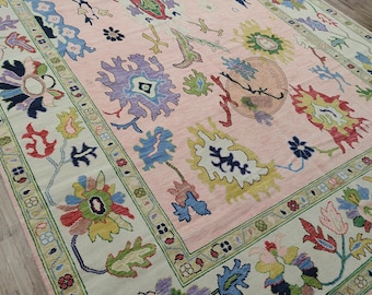 Hand-Knotted Oushak Wool Rug, valued for its sophisticated combination of traditional Turkish motifs and a soft, modern color palette.