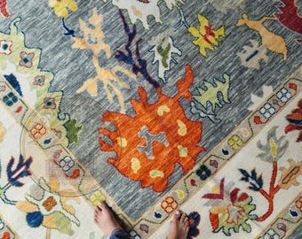 Aangepast formaat handgeknoopt wollen vloerkleed, bloementapijt in Oushak-stijl, Nieuw-Zeelandse wollen vloerkleed, handgemaakt luxe vloerkleed