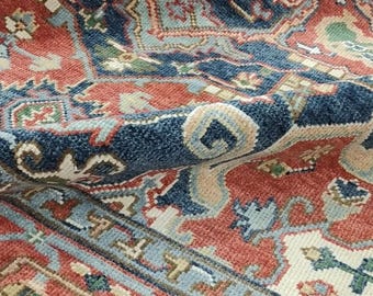 Hand Knotted Wool Rug, Rust Blue Oriental Medallion Carpet, Traditional Living Room Decor