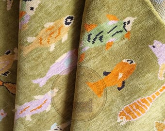 Alfombra de lana anudada a mano, diseño de peces koi, alfombra para zonas costeras, decoración suave para la habitación del bebé.