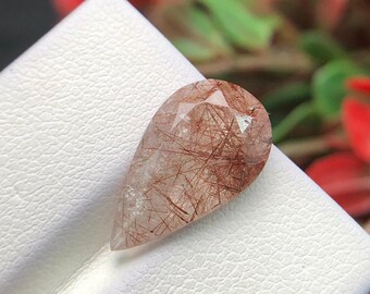 Natural Rutile Quartz Pear Gemstone, Brown Faceted Loose Stone