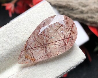 Natural Rutile Quartz Pear Gemstone, Brown Faceted Loose Stone
