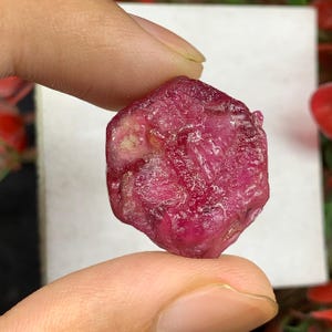 Può includere: Una gemma di rubino grezza di forma esagonale con un colore rosso magenta intenso. La superficie della pietra presenta una consistenza naturale non lucidata con sfaccettature cristalline visibili, inclusioni interne e varie tonalità di rosso.
