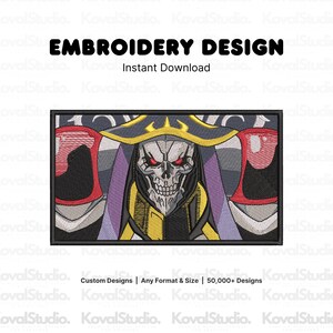 May include: An embroidery design featuring a skeletal figure with glowing red eyes, wearing a yellow and black headpiece, purple accents, and red shoulder armor. The text EMBROIDERY DESIGN and Instant Download appear above the rectangular graphic.