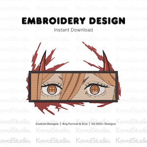 May include: An embroidery design featuring a rectangular frame containing a pair of anime-style eyes with light brown hair, red horns, and a red splatter background. The text reads EMBROIDERY DESIGN, Instant Download, Custom Designs, Any Format & Size, 50,000+ Designs.