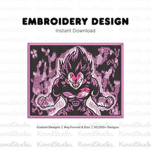 Peut inclure: Un motif de broderie représentant un personnage stylisé aux cheveux en pointe et à la carrure musclée, entouré d'une aura rose sur fond noir. Le texte EMBROIDERY DESIGN et Instant Download figurent au-dessus, avec Custom Designs | Any Format & Size | 50,000+ Designs en dessous.