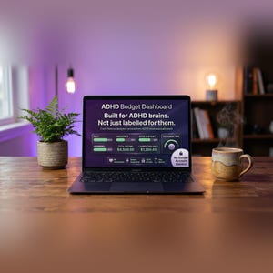 May include: A laptop displaying an ADHD budget dashboard with the text "Built for ADHD brains. Not just labelled for them." A cup of coffee sits next to the laptop on a wooden desk. A potted fern is on the left.