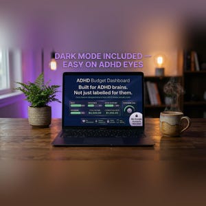 May include: A laptop displaying an ADHD budget dashboard with the text "DARK MODE INCLUDED - EASY ON ADHD EYES". A mug of coffee sits next to the laptop. A small potted plant is on the left.