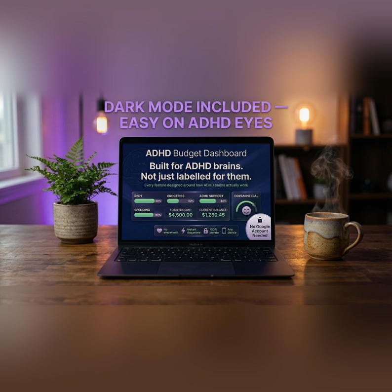 May include: A laptop displaying an ADHD budget dashboard with the text "DARK MODE INCLUDED - EASY ON ADHD EYES". A mug of coffee sits next to the laptop. A small potted plant is on the left.