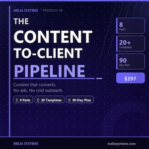 Op de afbeelding: Een donkerblauwe afbeelding met witte tekst die luidt "THE CONTENT TO-CLIENT PIPELINE". Extra tekst bevat "Content that converts. No ads. No cold outreach." en details voor 8 onderdelen, 20+ sjablonen en een plan van 90 dagen.