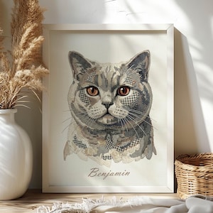 May include: Framed artwork featuring a detailed portrait of a cat with brown eyes and patterned fur in shades of gray and beige. The cat's name, Benjamin, is written in a script font at the bottom. The artwork is in a white frame.
