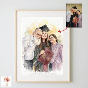 May include: A framed watercolor portrait depicting three people, including a graduate in a cap and gown holding a diploma, flanked by two adults. The artwork features a soft yellow wash background and includes the date 25.02.2026 and text.