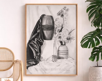 Natura morta floreale a carboncino (stampabile) / Schizzo di vaso disegnato a mano / Opera d'arte murale minimalista vintage (download digitale)