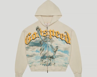Chrome Liberty Zip Hoodie: Oversized Streetwear, Vintage Graphic, Y2K Fashion