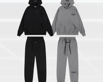 Conjunto deportivo Essentials gris y negro con sudadera con capucha y pantalón de chándal, sudadera con capucha extragrande.