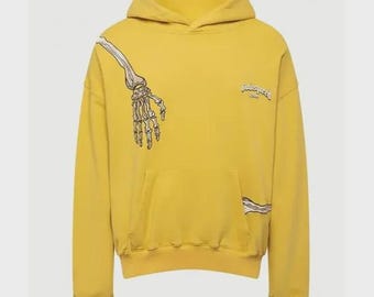 Yellow Skeleton Graphic Fleece Hoodie – Gothic Streetwear Sweatshirt
