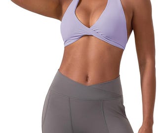 Sujetador deportivo tipo halter – Top corto de yoga con escote en V y espalda descubierta.