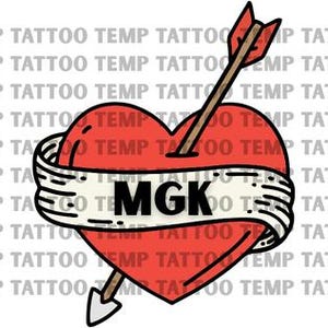 May include: A temporary tattoo design featuring a bright red heart pierced by an arrow with a brown shaft and a grey tip. A white banner with black outlines wraps around the heart, displaying the bold black text MGK in the center.