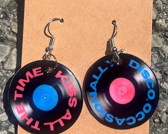 Kiss and Disco vinyl mis-match dangle earrings. Harry. Shrink plastic jewelry